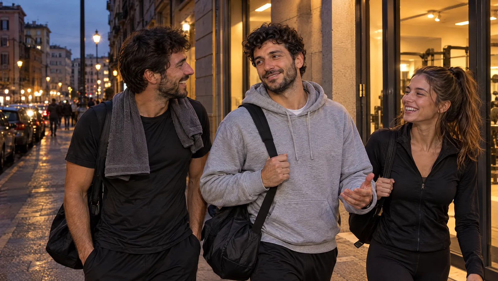 Lui esce dalla palestra ridendo con due persone che prima salutava solo con un cenno